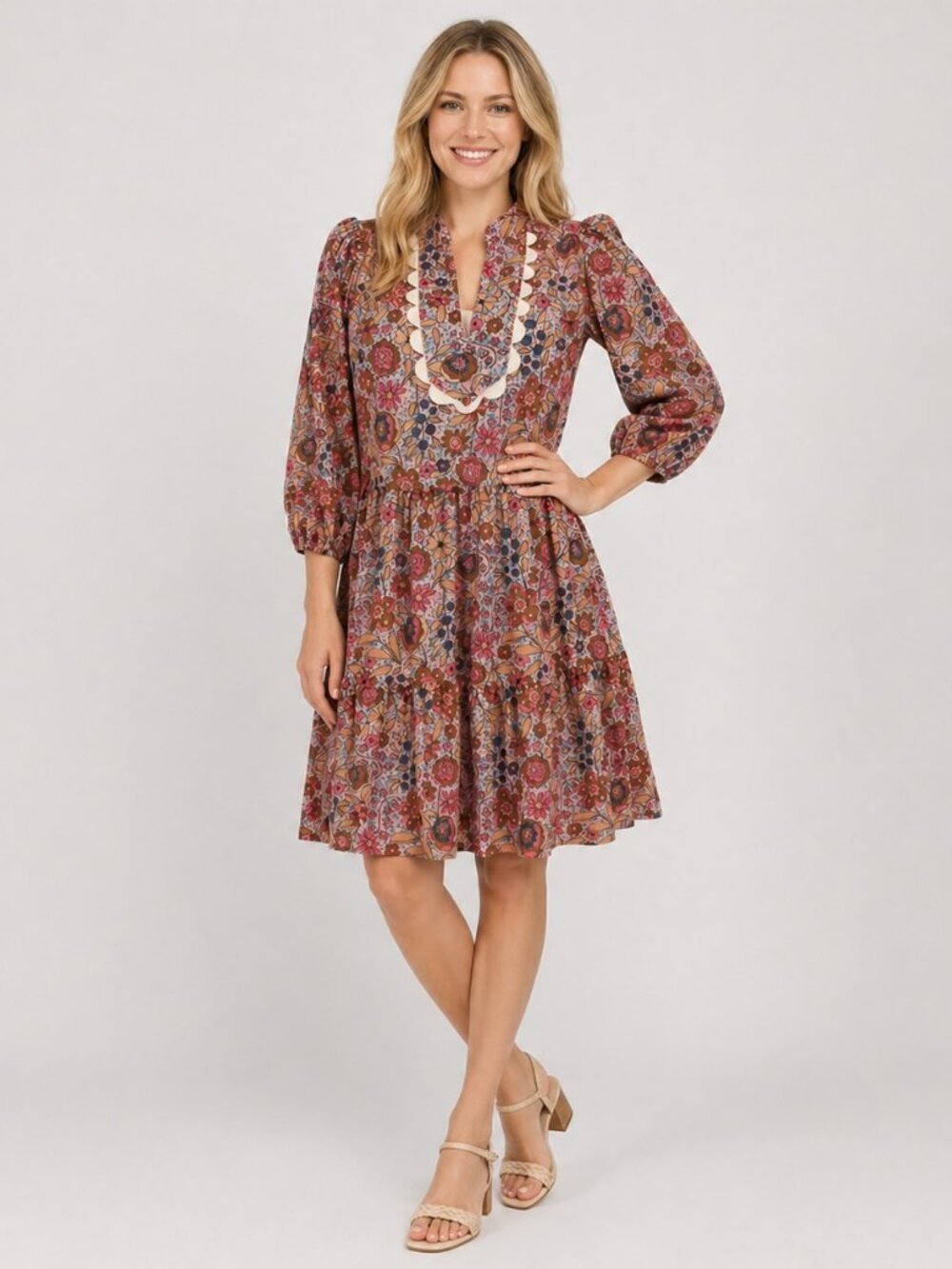 Smith & Quinn Floral Dress Womens S Scallop Trim Boho Mini Puff Sleeve Pink